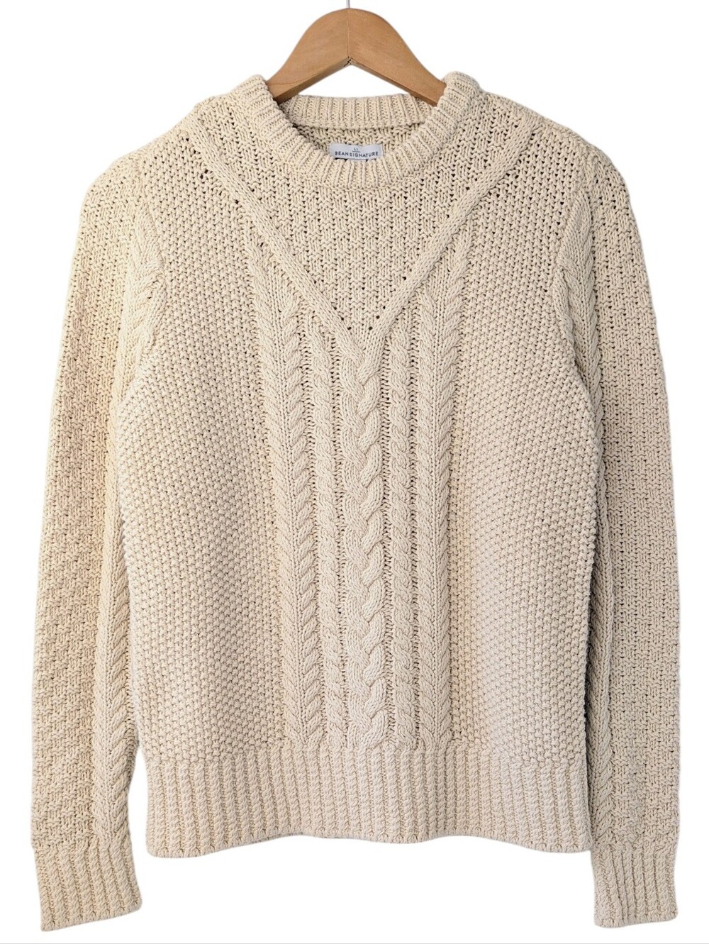 LL Bean Cotton Fisherman Cream Cable Knit Crewneck Sweater
